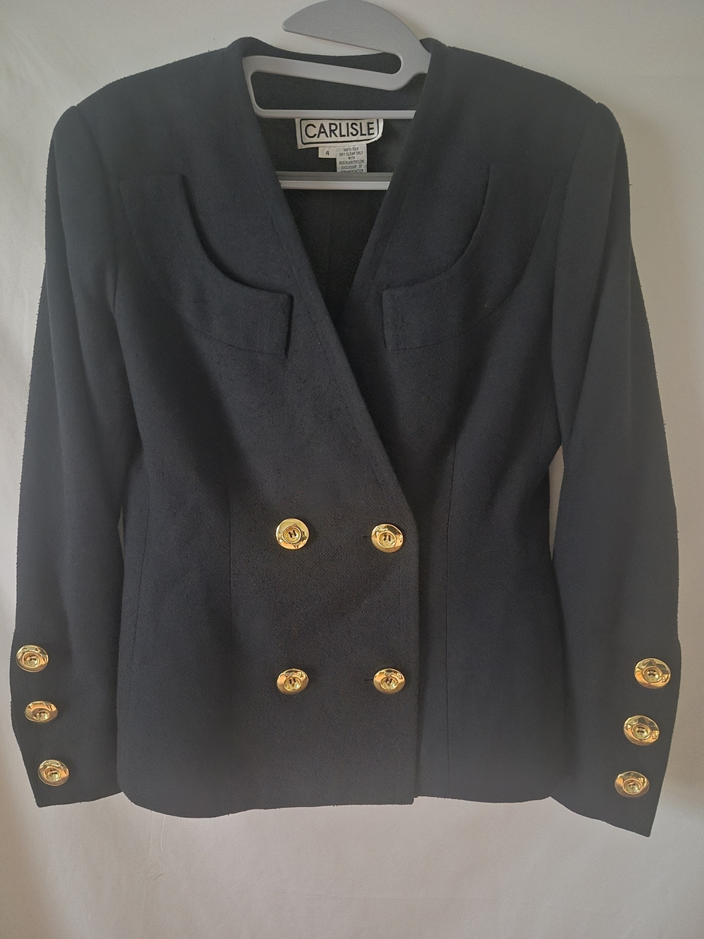Vintage Carlisle Black Double-Breasted Blazer with Gold Buttons 100% Silk Sz 4